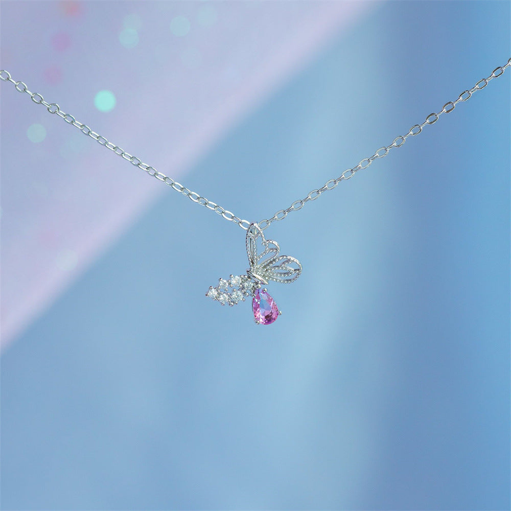 Wholesale Pink Hollow Zircon Butterfly Necklaces